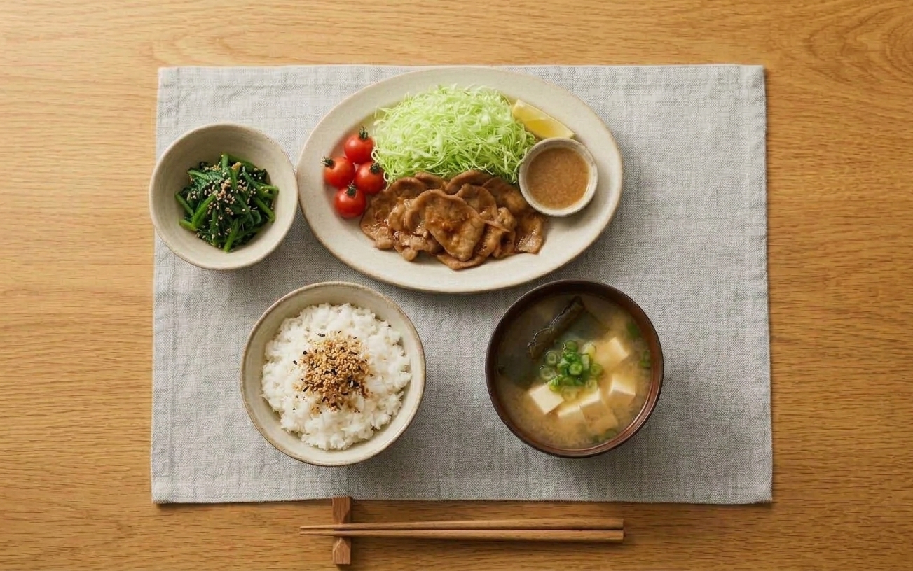 豚のしょうが焼きとキャベツ、プチトマト