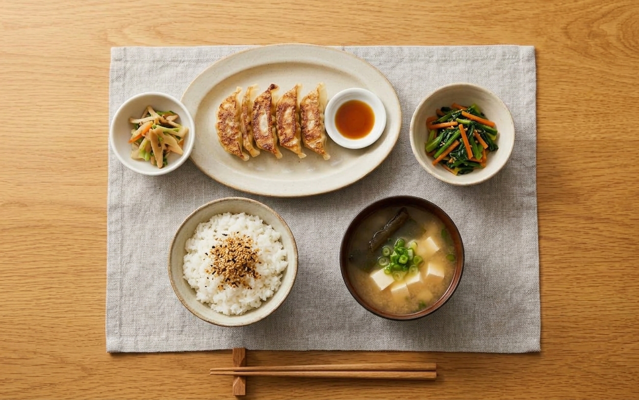 豚のしょうが焼き、ポテトサラダ、なめこの味噌汁、白ごはんを木の机に並べた夕食